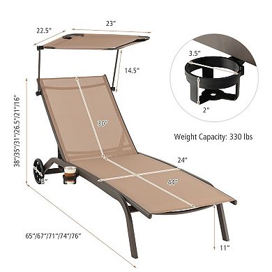 Adjustable Patio Chaise Lounge Chair with Canopy Cup Holder Wheels