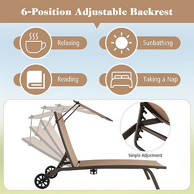 Adjustable Patio Chaise Lounge Chair with Canopy Cup Holder Wheels