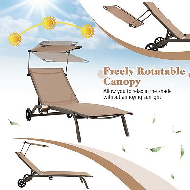 Adjustable Patio Chaise Lounge Chair with Canopy Cup Holder Wheels