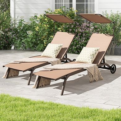 Adjustable Patio Chaise Lounge Chair with Canopy Cup Holder Wheels