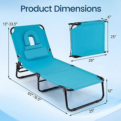 Beach Chaise Lounge Chair with Face Hole and Adjustable Backrest