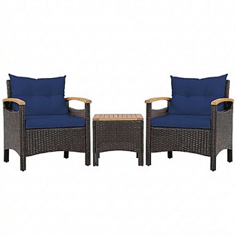 3 pc Patio Furniture Set with PE Rattan Chairs and Acacia Wood Table