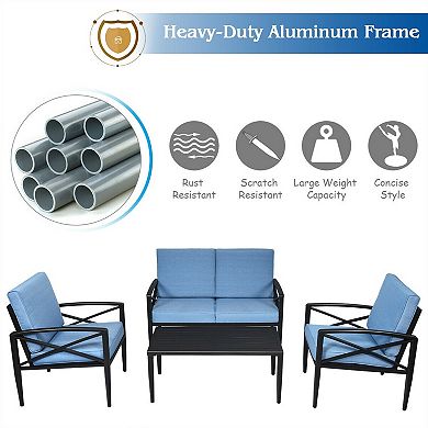 4 Piece Patio Furniture Set with Aluminum Frame and Cushioned Sofa