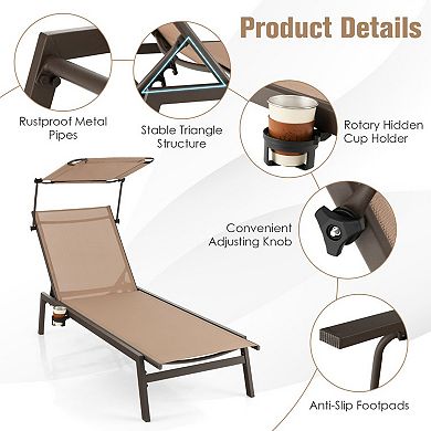 Outdoor Chaise Lounge Chair with Sunshade and 6 Position Reclining Back
