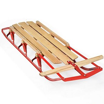 54 Inch Kids Wooden Snow Sled with Steering Bar and Metal Runners