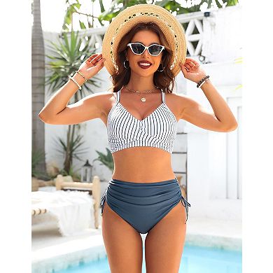 Women's Two Piece Swimsuit Set V Neck Drawstring High Waisted Bathing Suit