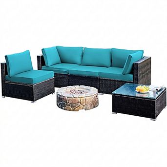 5 pc Patio Furniture Set with Cushions and Glass Coffee Table