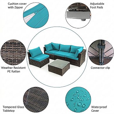 5 Piece Patio Furniture Set with Cushions and Glass Coffee Table