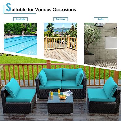 5 Piece Patio Furniture Set with Cushions and Glass Coffee Table