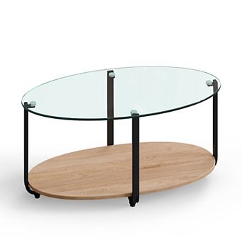 Oval Coffee Table with Tempered Glass Top and Wooden Shelf