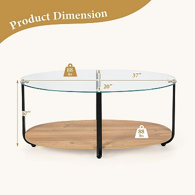 Oval Coffee Table with Tempered Glass Top and Wooden Shelf