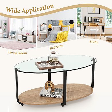 Oval Coffee Table with Tempered Glass Top and Wooden Shelf