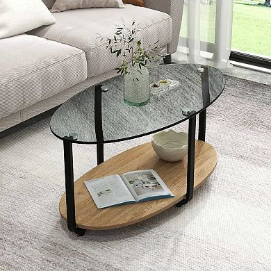 Oval Coffee Table with Tempered Glass Top and Wooden Shelf
