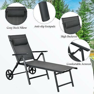 Patio Lounge Chair with Wheels Adjustable Reclining Chaise