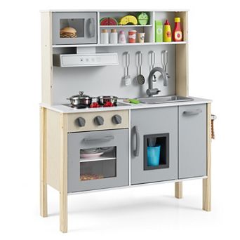 Wooden Play Kitchen Set for Toddlers with Ice Maker and 18 Accessories