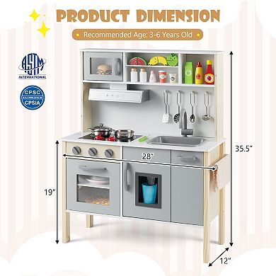 Wooden Play Kitchen Set for Toddlers with Ice Maker and 18 Accessories