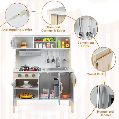 Wooden Play Kitchen Set for Toddlers with Ice Maker and 18 Accessories