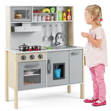 Wooden Play Kitchen Set for Toddlers with Ice Maker and 18 Accessories