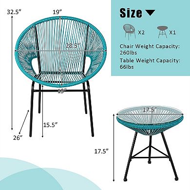 3 Piece Patio Bistro Set with Acapulco Chairs and Glass Table