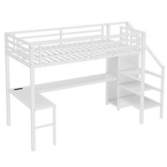 Aoolive Twin XL Size Loft Bed with L-shaped Desk and USB,Metal Loft Bed with Wardrobe and LED