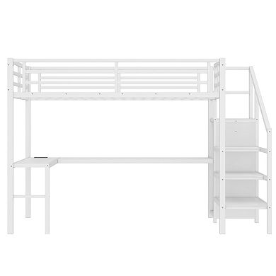 Aoolive Twin XL Size Loft Bed with L-shaped Desk and USB,Metal Loft Bed with Wardrobe and LED