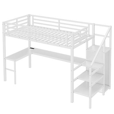 Aoolive Twin XL Size Loft Bed with L-shaped Desk and USB,Metal Loft Bed with Wardrobe and LED