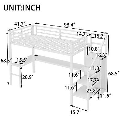 Aoolive Twin XL Size Loft Bed with L-shaped Desk and USB,Metal Loft Bed with Wardrobe and LED