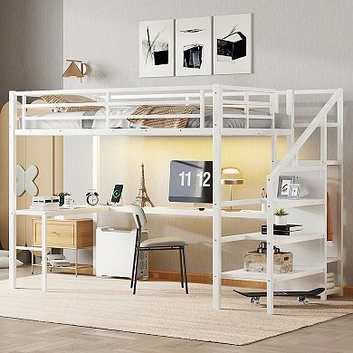 Aoolive Twin XL Size Loft Bed with L-shaped Desk and USB,Metal Loft Bed with Wardrobe and LED
