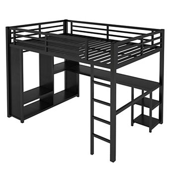 Aoolive Full Size Loft Bed with Built-in Wardrobe,Metal Loft Bed with Desk and Storage Shelves