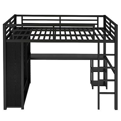 Aoolive Full Size Loft Bed with Built-in Wardrobe,Metal Loft Bed with Desk and Storage Shelves