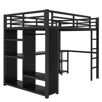 Aoolive Full Size Loft Bed with Built-in Wardrobe,Metal Loft Bed with Desk and Storage Shelves