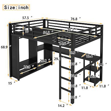Aoolive Full Size Loft Bed with Built-in Wardrobe,Metal Loft Bed with Desk and Storage Shelves