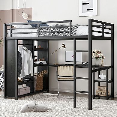 Aoolive Full Size Loft Bed with Built-in Wardrobe,Metal Loft Bed with Desk and Storage Shelves