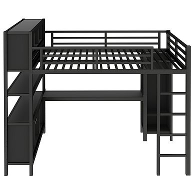 Aoolive Metal Loft Bed with Wardrobe And L-shaped Desk,Queen Size Loft Bed with Cubes and Shelves