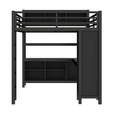 Aoolive Metal Loft Bed with Wardrobe And L-shaped Desk,Queen Size Loft Bed with Cubes and Shelves
