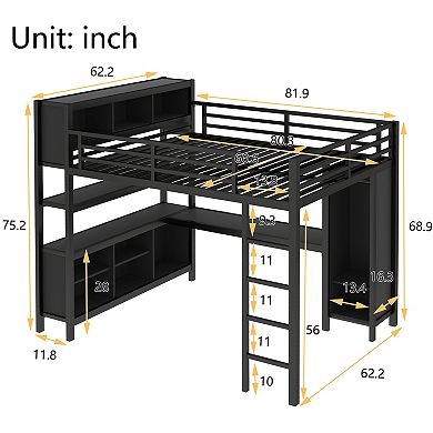Aoolive Metal Loft Bed with Wardrobe And L-shaped Desk,Queen Size Loft Bed with Cubes and Shelves