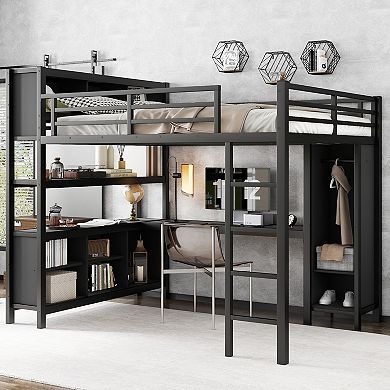Aoolive Metal Loft Bed with Wardrobe And L-shaped Desk,Queen Size Loft Bed with Cubes and Shelves