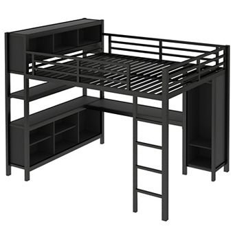 Aoolive Metal Loft Bed with Wardrobe And L-shaped Desk,Queen Size Loft Bed with Cubes and Shelves
