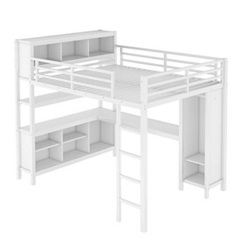 Aoolive Metal Loft Bed with Wardrobe And L-shaped Desk,Queen Size Loft Bed with Cubes and Shelves