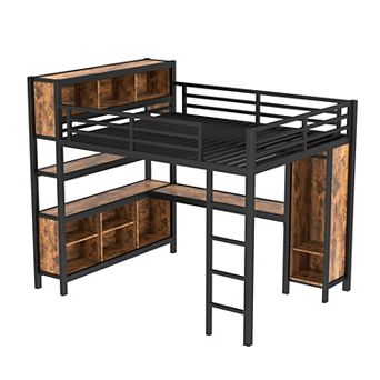 Aoolive Metal Loft Bed with Wardrobe And L-shaped Desk,Queen Size Loft Bed with Cubes and Shelves