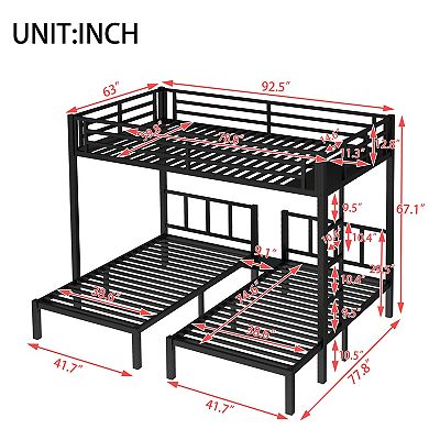 Aoolive Twin over Twin & Queen Bunk Bed, Metal Triple Bunk Bed with Safety Guardrails,Space-Saving