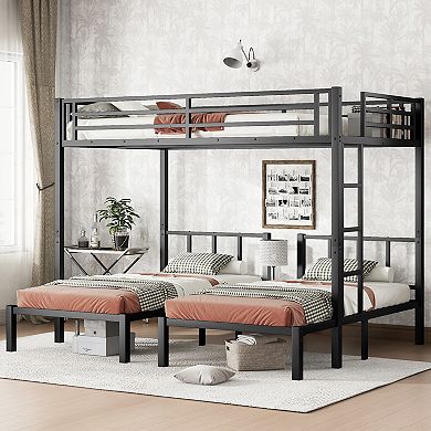Aoolive Twin over Twin & Queen Bunk Bed, Metal Triple Bunk Bed with Safety Guardrails,Space-Saving