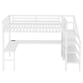 Aoolive Full Size Loft Bed with L-shaped Desk and USB,Metal Loft Bed with Wardrobe and LED