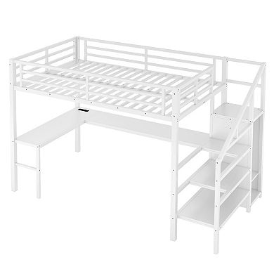 Aoolive Full Size Loft Bed with L-shaped Desk and USB,Metal Loft Bed with Wardrobe and LED