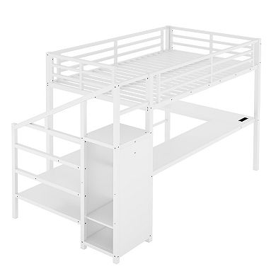 Aoolive Full Size Loft Bed with L-shaped Desk and USB,Metal Loft Bed with Wardrobe and LED
