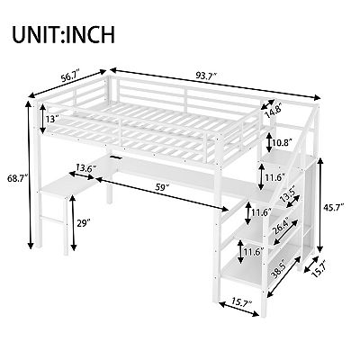 Aoolive Full Size Loft Bed with L-shaped Desk and USB,Metal Loft Bed with Wardrobe and LED