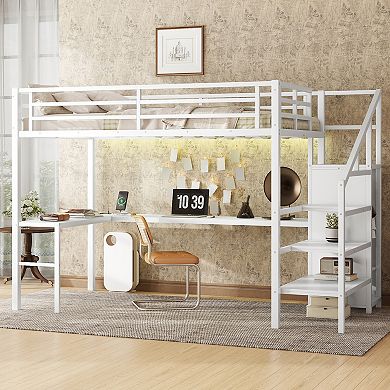 Aoolive Full Size Loft Bed with L-shaped Desk and USB,Metal Loft Bed with Wardrobe and LED
