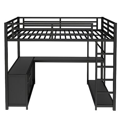 Aoolive Metal Loft Bed with Wardrobe and L-shaped Desk,Queen Size Loft Bed with Cubes and Shelves
