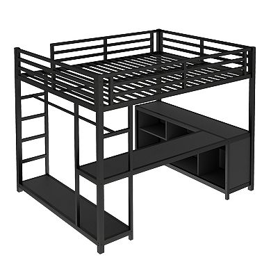 Aoolive Metal Loft Bed with Wardrobe and L-shaped Desk,Queen Size Loft Bed with Cubes and Shelves