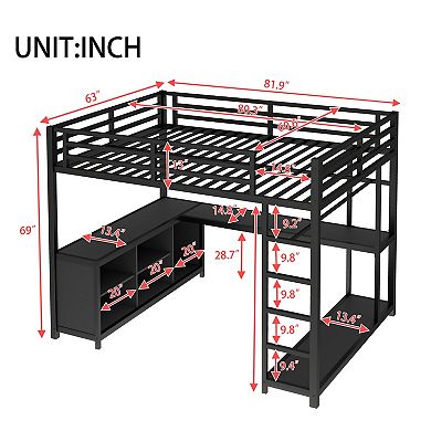 Aoolive Metal Loft Bed with Wardrobe and L-shaped Desk,Queen Size Loft Bed with Cubes and Shelves